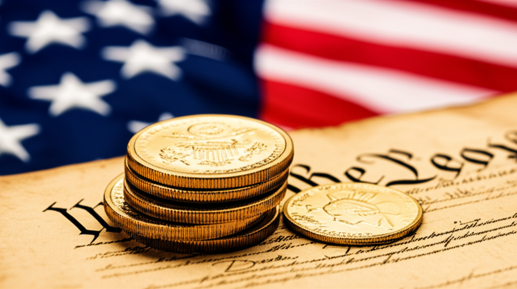 Gold coins on Constitution with American flag